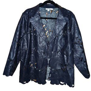 Chico's Faux Leather Laser Cut Floral Blazer Navy XL 16